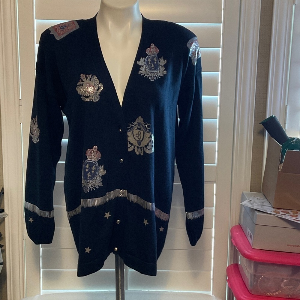 Navy Embroidered Cardigan Sweater